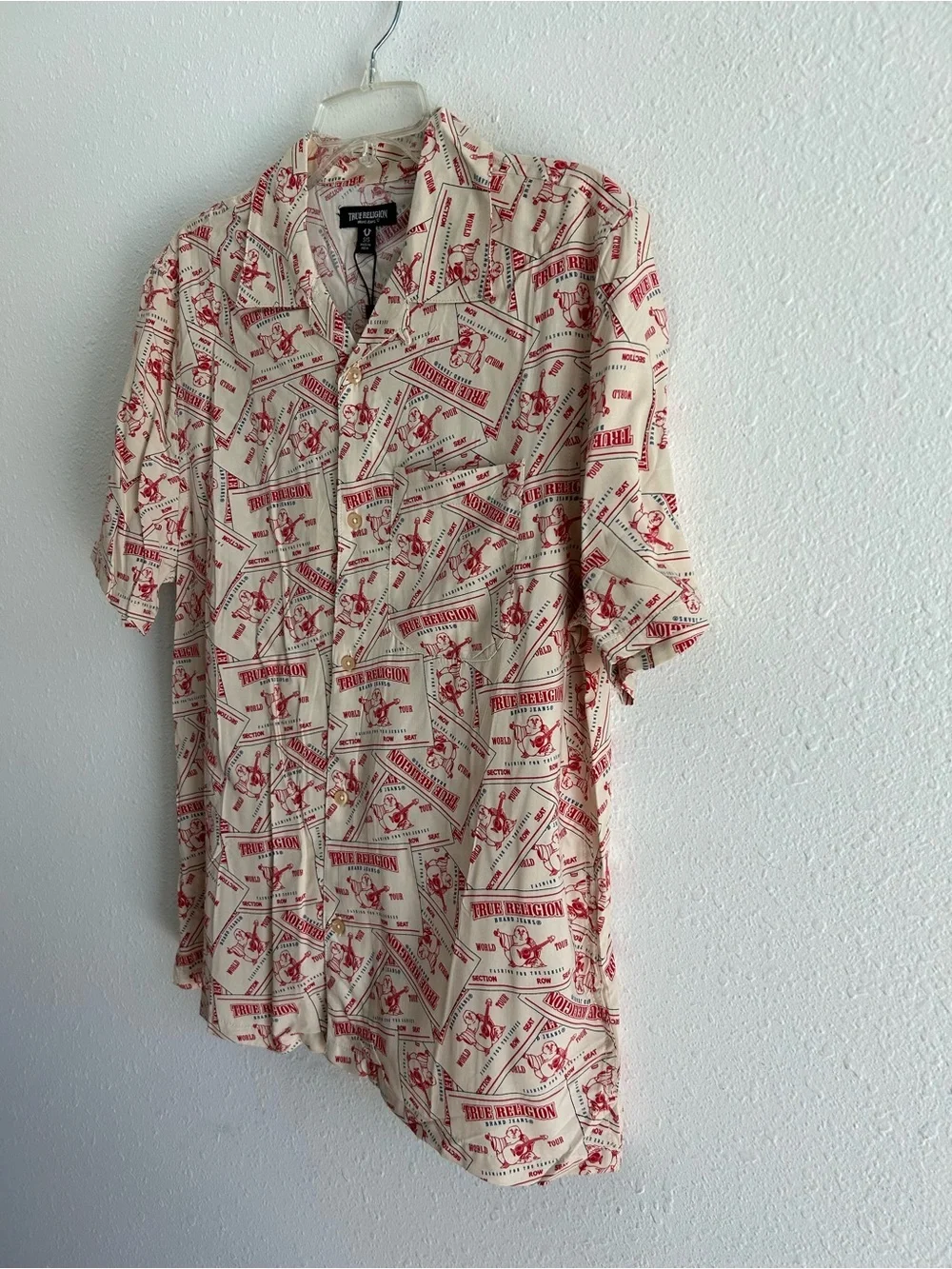 True Religion Button Up Shirt Men's Size S Beige Resort Print Resortwear Buddha